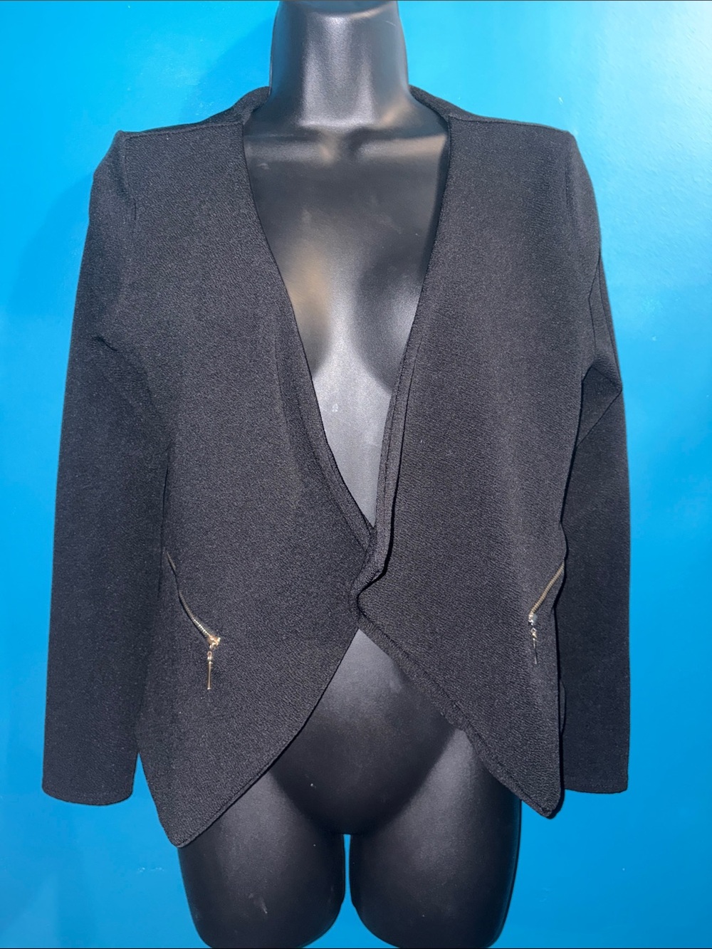 Boohoo Black Open-Front Cropped Blazer with Zip Pockets